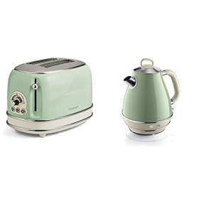 Ariete Vintage 2869 Bouilloire Électrique en Acier Inoxydable, 1,7 L, Vert Pastel & Ariete Vintage 155 Grille-Pain 2 Tranches