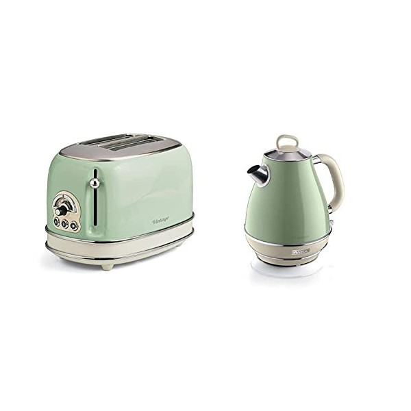 Ariete Vintage 2869 Bouilloire Électrique en Acier Inoxydable, 1,7 L, Vert Pastel & Ariete Vintage 155 Grille-Pain 2 Tranches