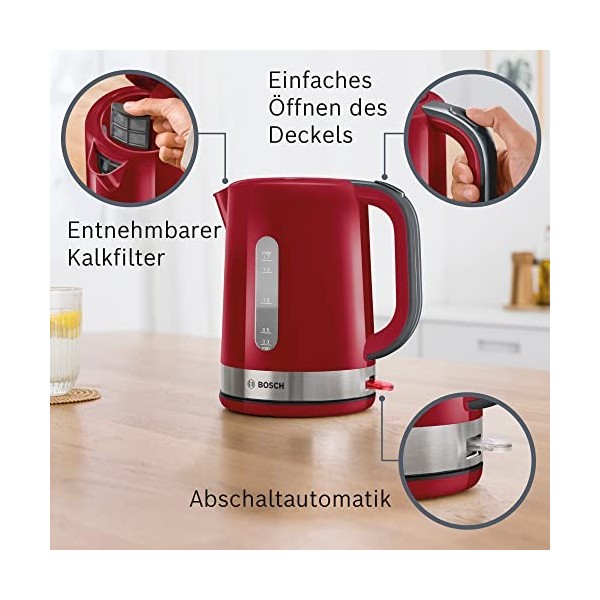 Bosch Bouilloire ComfortLine TWK6A514, 2200 W, 1,7 l, filtre anti-calcaire, arrêt automatique, rouge