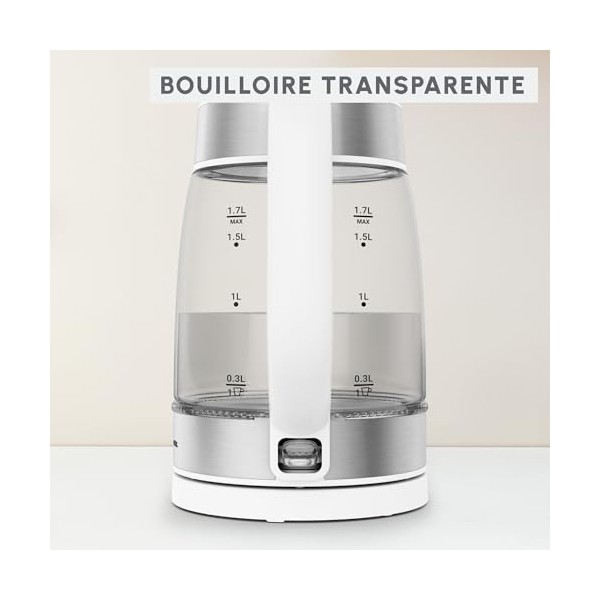 Moulinex Bouilloire en verre, Bouilloire électrique, Graduations, Capacité de 1.7L, Facile à nettoyer, Blanc, BY6R5130
