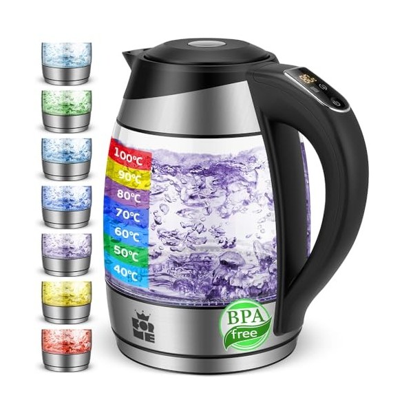 Forme Bouilloire Électrique en Verre 1,8 L Thermostat Réglable Sélection de la Température de 40-100°C I Sept Couleurs décla