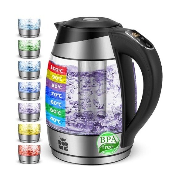 Forme Bouilloire Électrique en Verre 1,8 L Thermostat Réglable Sélection de la Température de 40-100°C I Sept Couleurs décla