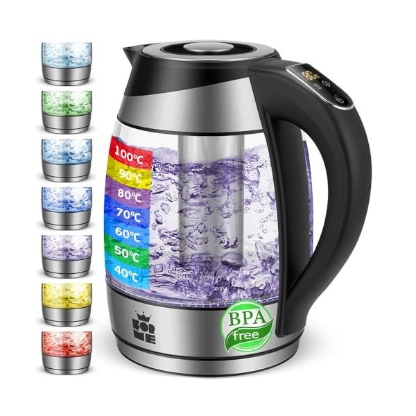 Forme Bouilloire Électrique en Verre 1,8 L Thermostat Réglable Sélection de la Température de 40-100°C I Sept Couleurs décla