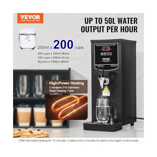 VEVOR Distributeur dEau Chaude Électrique Commercial, Fontaine à Eau Chaude 2500 W 50 L/h, avec Tube Chauffant en Acier Inox