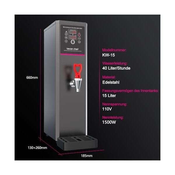 Lecon Distributeur deau chaude, 15 l, en acier inoxydable, 3000 W, chauffage rapide, machine à eau chaude électrique, avec m