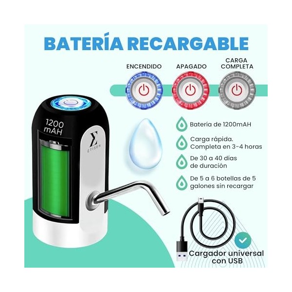 ETISEN, Distributeur deau, robinet électrique pour bidons deau froide, pompe doseuse avec deux adaptateurs. 5,7L, 10L, 11,3