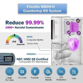 Frizzlife WB99-H Système dosmose inverse de comptoir, distributeur deau chaude instantanée, Eau alcaline avec pichet, éléme