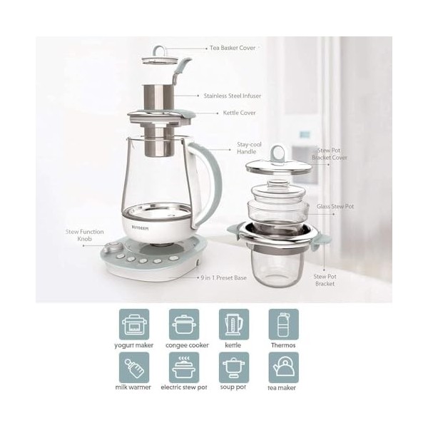BUYDEEM K1594T Health-Care Beverage Tea Maker and Kettle, 10 en 1, programmable, 1,5 l, vert cozy