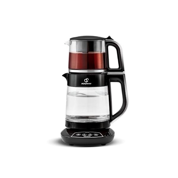 Karaca Caysever Machine acier, chrome 1700 W, sans BPA, capacité de la théière en verre 0,8 Lt, capacité du réservoir deau 1