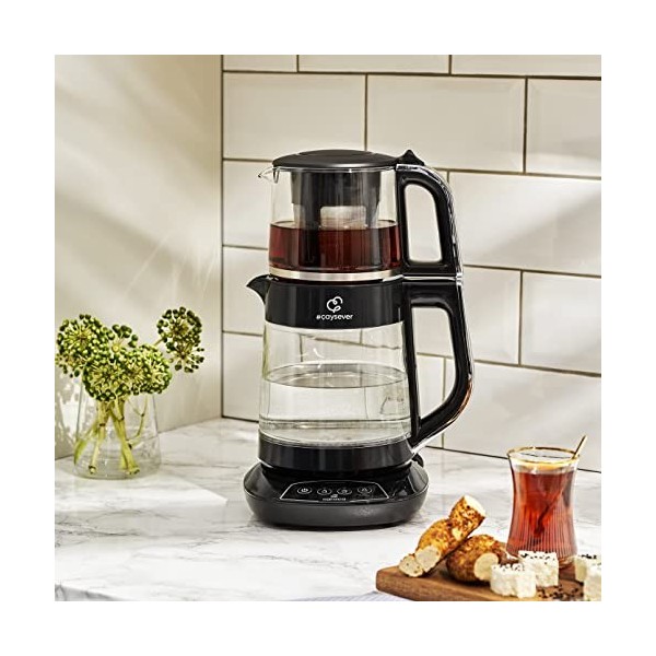 Karaca Caysever Machine acier, chrome 1700 W, sans BPA, capacité de la théière en verre 0,8 Lt, capacité du réservoir deau 1