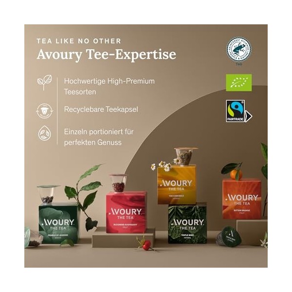 Avoury One Machine à thé | Machine à thé à capsules | Avec filtre à eau et 8 types de thé en capsules | Couleur : noir pur