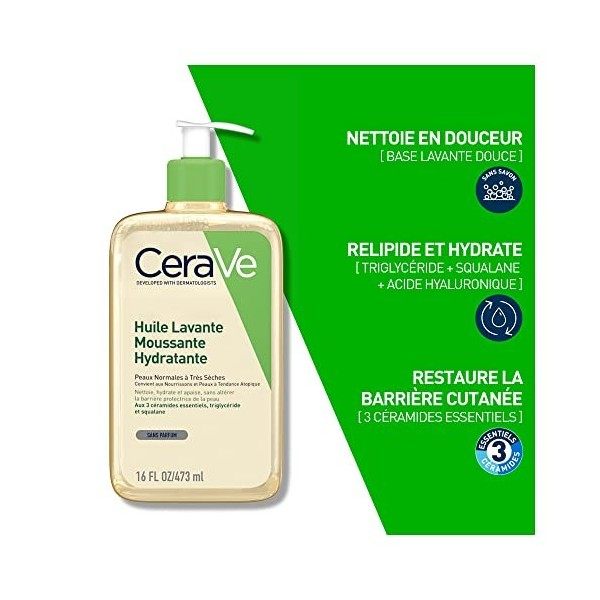 CeraVe Huile de Douche Lavante à lAcide Hyaluronique pour Peaux Normales à Très Sèches, à Tendance Atopique 473 ml + CeraVe 