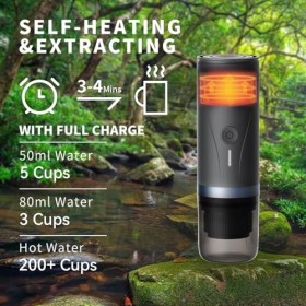 CERA+ Cafetière portable avec batterie, poudre de café et capsules NS pour machine à expresso auto-chauffante avec étui de tr