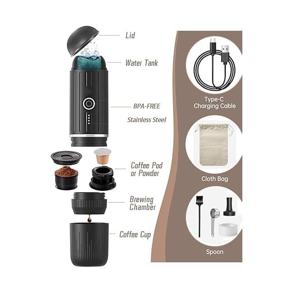 Besmall Auto-Chauffage Mini Cafetière à Espresso Portable Chauffante à Piles, Rechargeable Cafetiere de voyage pour capsules 