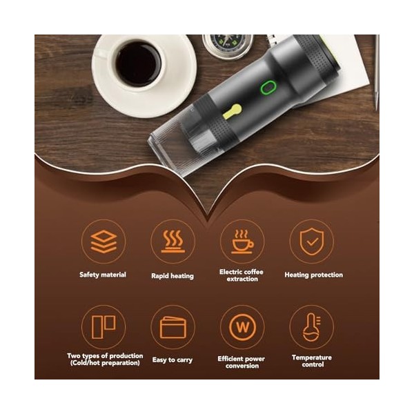 Luocute Cafetière Portable Compacte, Système de Pression 20 Bars, Chargeur de Voiture USB, Chauffage Rapide, pour Capsules/ca