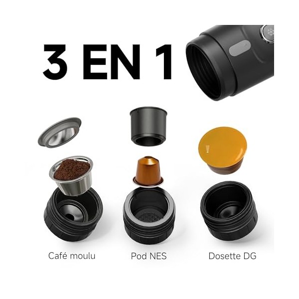 HIBREW H4A - Machine a Cafe Portable, 3 en 1 Cafetiere Expresso 12V, Compatible avec Capsules Nes* Original, DG*, Café Moulu,