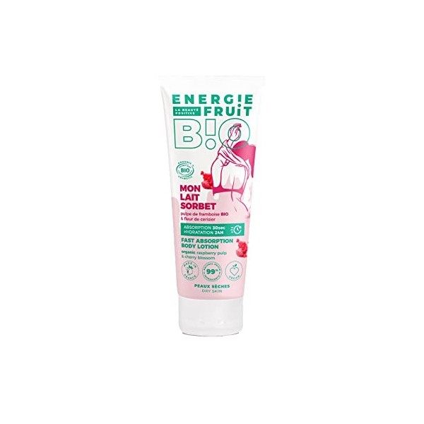 ENERGIE FRUIT | Lait corps absorption rapide | Fleur de cerisier et pulpe de framboise BIO | Certifié BIO par ECOCERT | 200ML