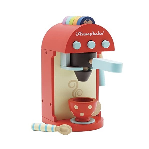 Le Toy Van - TV299 - FSC-Holzspielzeug-Kaffeemaschine, Lernspiel, 3 Jahre, inklusive 5 Pads, 1 Tasse, 1 Löffel, mit einziehba