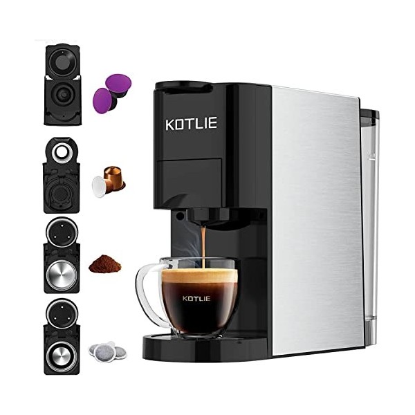 KOTLIE AC-513K 4 en 1 Cafetières à Capsules pour NES/DG/Café en Poudre/ESE 44mm , Pression de 19Bar, 0.8L Réservoir deau,Cap