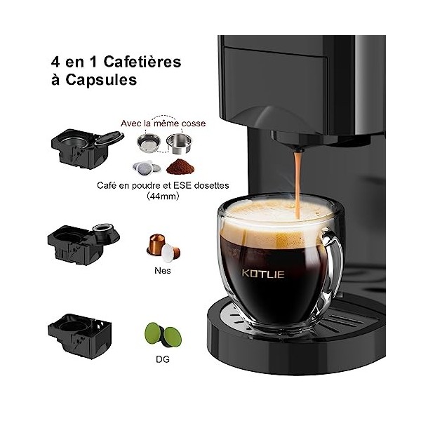 KOTLIE AC-513K 4 en 1 Cafetières à Capsules pour NES/DG/Café en Poudre/ESE 44mm , Pression de 19Bar, 0.8L Réservoir deau,Cap