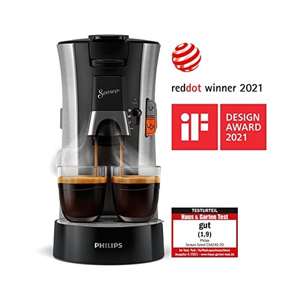 Philips Machine à Café Dosettes – SENSEO Select Eco – Intensity Plus – Crema Plus – Function Memo - Acier Brossé CSA250/10 