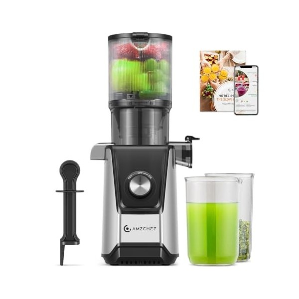 AMZCHEF 200W Extracteur de Jus Pression à Froid - Extracteur de Jus 108MM Grande Goutière pour Fruits et Légumes Entiers - Ex