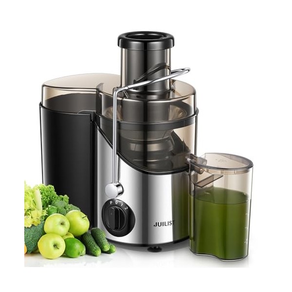 JUILIST Centrifugeuse Extracteur de Jus, pour fruits et Légumes, Goulotte dAlimentation 65 mm, 3 Réglages, Avec Brosse de Ne