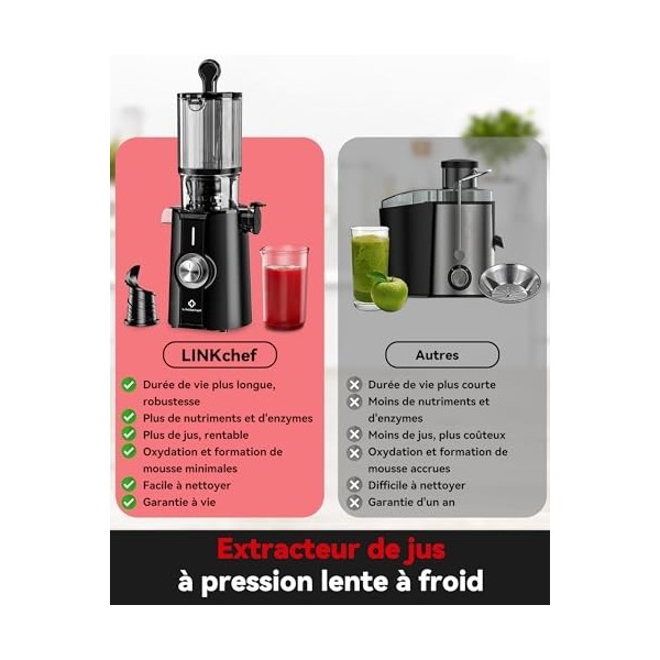 Sans Préparation Extracteur de Jus Vertical, Nettoyage Rapide Extracteur de Jus Lent, 115mm Machine a Jus de Fruit Extracteur