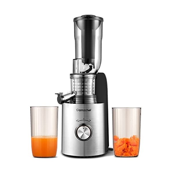 AMZCHEF 250W Extracteur de jus avec 2 filtres brevetés - Extracteur jus goulotte large de 85mm - Machine jus à pression à fro