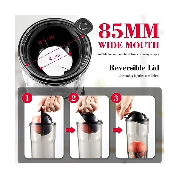 AMZCHEF 250W Extracteur de jus avec 2 filtres brevetés - Extracteur jus goulotte large de 85mm - Machine jus à pression à fro