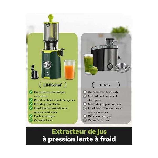 Sans Préparation Extracteur de Jus Vertical, Nettoyage Rapide Extracteur de Jus Lent, 115mm Machine a Jus de Fruit Extracteur