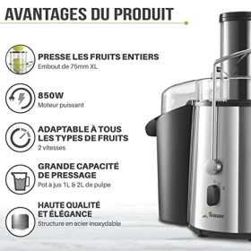 Twinzee Centrifugeuse Extracteur de Jus 850W, Large Bouche 75 mm - Centrifugeuse Fruits et Legumes, Pieds Anti-Dérapants