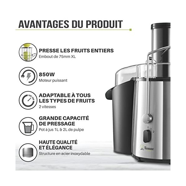 Twinzee Centrifugeuse Extracteur de Jus 850W, Large Bouche 75 mm - Centrifugeuse Fruits et Legumes, Pieds Anti-Dérapants