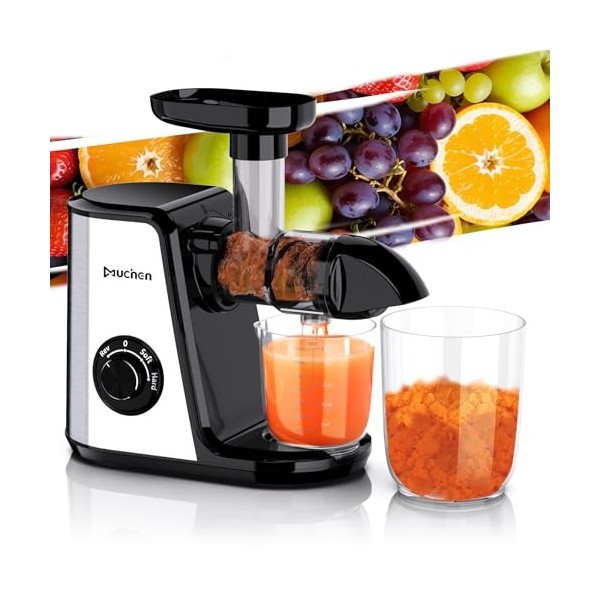 Muchen Extracteur de Jus Élite - Presse-Agrumes à Froid pour Fruits et Légumes, Sans BPA, avec Double Tasse et Brosse, Foncti