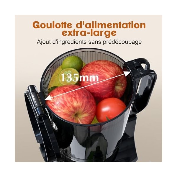 Fretta Extracteurs de Jus à Mastication Lente, Grande Goulotte dAlimentation de 135mm pour Fruits et Légumes Entiers, Presse