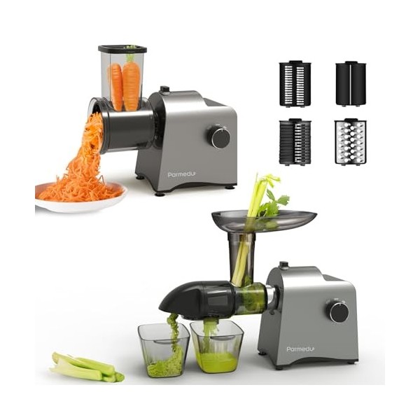 Parmedu Extracteur de Jus & Râpe à Légumes: Extracteur à Froid pour Fruits et Légumes, Coupe-salade Électrique avec Fonction 
