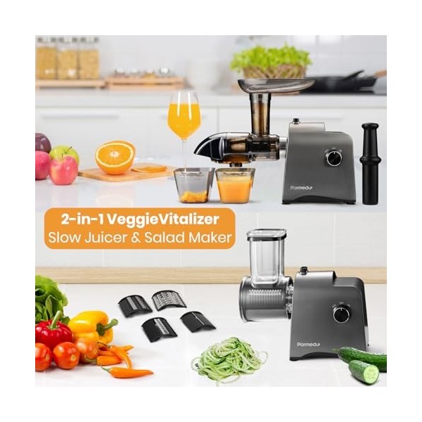 Parmedu Extracteur de Jus & Râpe à Légumes: Extracteur à Froid pour Fruits et Légumes, Coupe-salade Électrique avec Fonction 