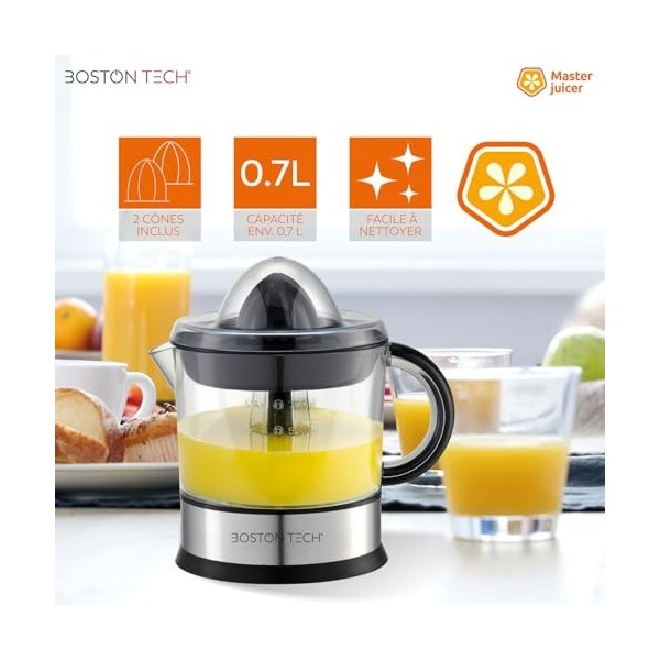 MasterJuicer : presse agrume electrique | 700 ml, Rotation Bidirectionnelle, 40W | 2 cônes, BPA Free, Anti-goutte et Lavable 
