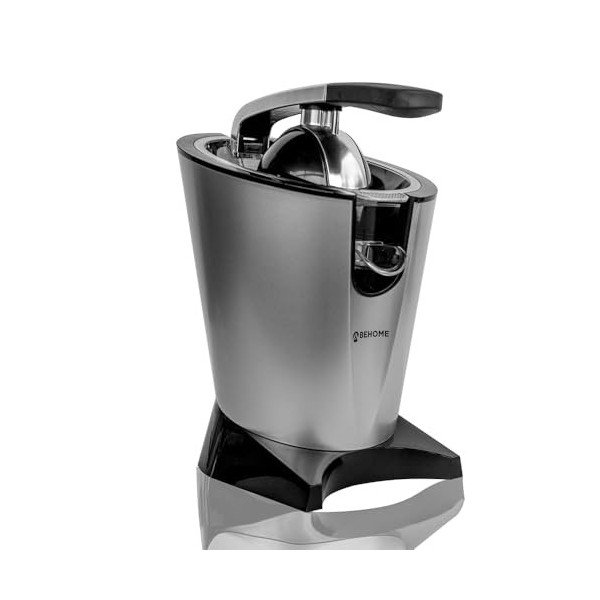BEHOME Presse-agrumes électrique professionnel 2 litres | Presse-agrumes à levier avec bras et bec verseur | 2 cônes en acier