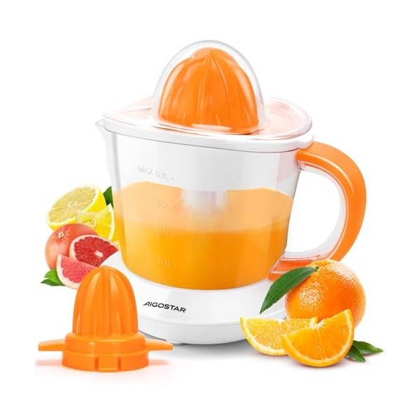 Aigostar Presse Agrumes Electrique 40W, Capacité 0.7L, Sans BPA, Jus Orange Citron Pamplemousse, 2 cônes interchangeables, Be