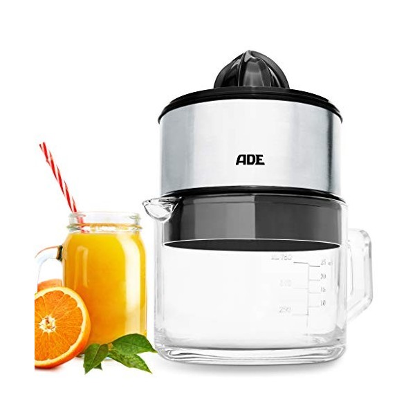 ADE Presse-agrumes électrique | avec carafe en verre, capacité 1 litre | pour oranges, citrons | 2 cônes | moteur rapide 60 w