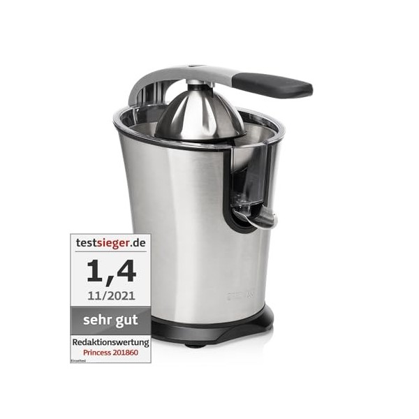 Princess Presse-agrumes Master Pro – Cône en acier inoxydable – 300 W – Filtre à pulpe en inox – Bras à levier professionnel 