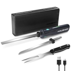 HAUSHOF Couteau à Pain Électrique sans Fil 8V, Lame de 178/203mm et Fourchette, Chargement de Type C, Indicateur dAlimentati