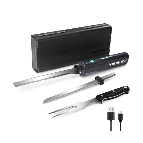 HAUSHOF Couteau à Pain Électrique sans Fil 8V, Lame de 178/203mm et Fourchette, Chargement de Type C, Indicateur dAlimentati