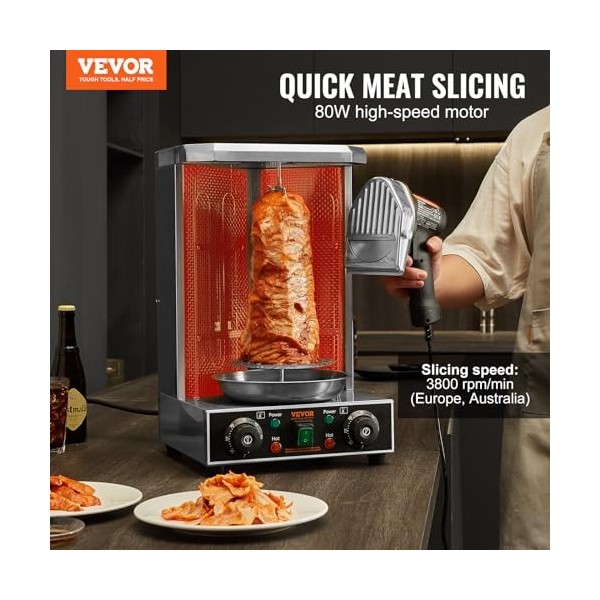 VEVOR Couteau à Kebab Électrique 80 W, Trancheuse à Viande Turc Shawarma Döner Kebab Commerciale en Inox, avec 2 Lames Diamèt