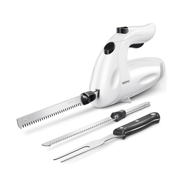 Reemix Couteau électrique, Pour Découper la Viande, 2 jeux de lames, 1 fourchette, Tranche les viandes, charcuterie, poissons