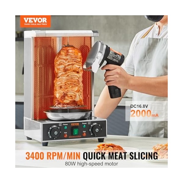 VEVOR Couteau à Kebab Électrique sans Fil 80 W, Trancheuse à Viande Turc Shawarma Döner Kebab Commerciale en Inox, avec 2 Lam