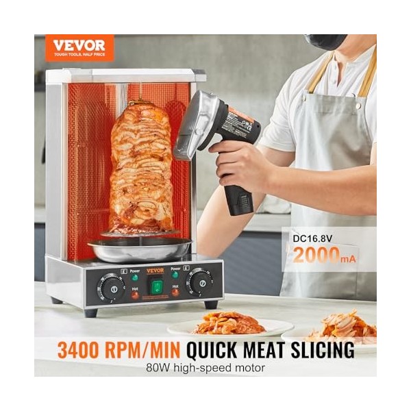 VEVOR Couteau à Kebab Électrique sans Fil 80 W, Trancheuse à Viande Turc Shawarma Döner Kebab Commerciale en Inox, avec Batte