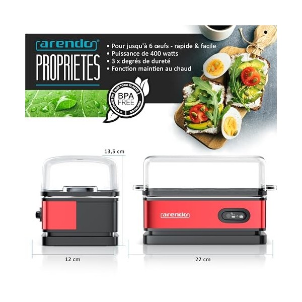 Arendo – Cuiseur à œufs avec fonction maintien au chaud - 1 à 6 œufs - Dur, mollet ou à la coque - Indicateur lumineux - Verr