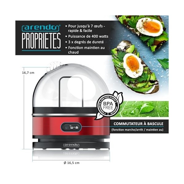 arendo – Cuiseur à œufs avec Fonction Maintien au Chaud INOX, 1 à 7 œufs, Dur, Mollet ou à la Coque, Indicateur Lumineux, Ver
